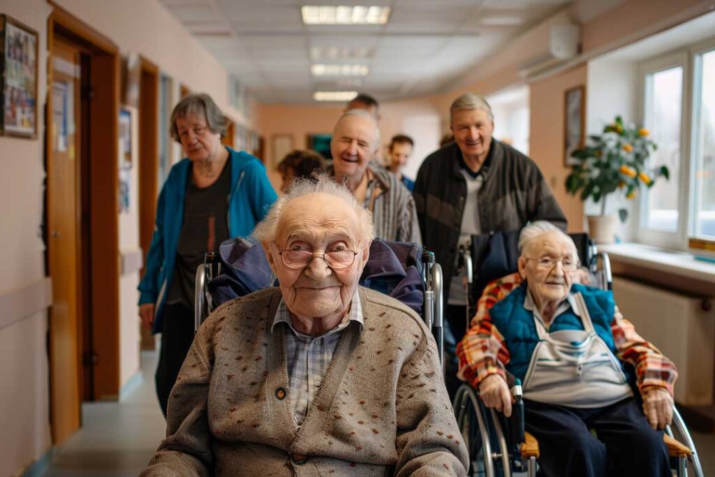 Two elderly residents and a staff member having a calm conversation at a table in a cozy common area.